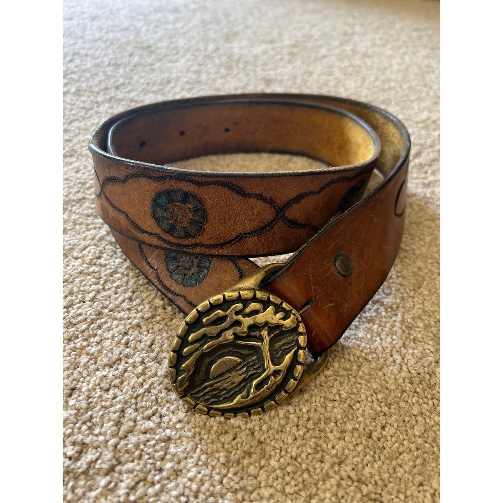Vintage Western Leather Belt with Ornate Brass Buckle‎ Floral Embossed